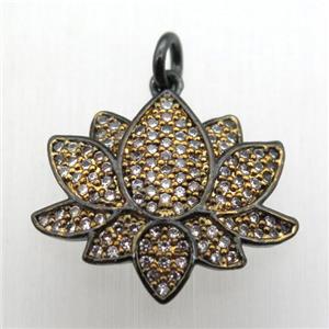 copper lotus pendant pave zircon, black plated, approx 18-20mm