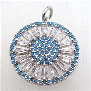 copper sun pendant pave zircon, platinum plated, approx 20mm dia