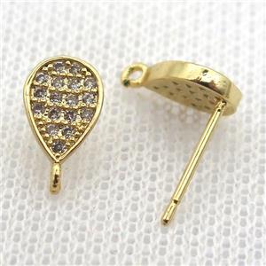 copper stud Earrings pave zircon, teardrop, gold plated, approx 6-10mm