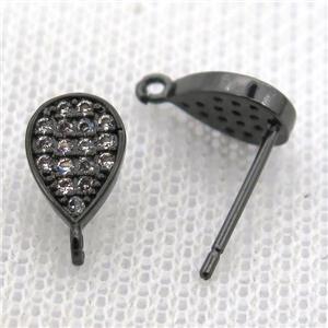 copper stud Earrings pave zircon, teardrop, black plated, approx 6-10mm