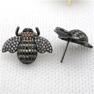 copper honeybee earring studs pave zircon, black plated, approx 16-20mm