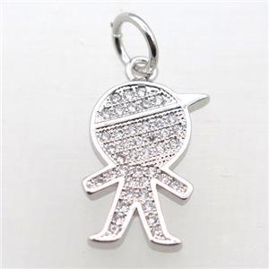 copper boy pendant pave zircon, platinum plated, approx 16-20mm