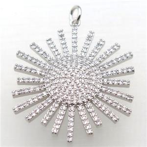 copper sun pendant pave zircon, platinum plated, approx 32mm dia