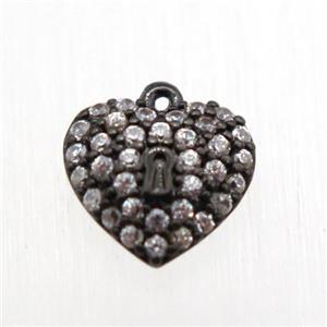 copper heart pendant paved zircon, black plated, approx 8mm dia