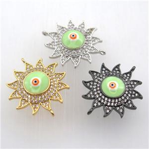 copper sun connector pave zircon with evil eye, mix color, approx 22mm dia