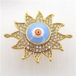 copper sun connector pave zircon with evil eye, gold plated, approx 22mm dia