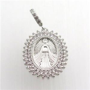 copper oval pendant paved zircon, jesu, platinum plated, approx 16-20mm