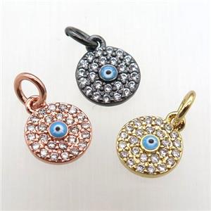 copper circle pendant paved zircon, eye, mixed color, approx 8mm dia