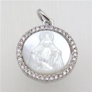 copper circle pendant paved zircon, shell Jesus, platinum plated, approx 15mm dia