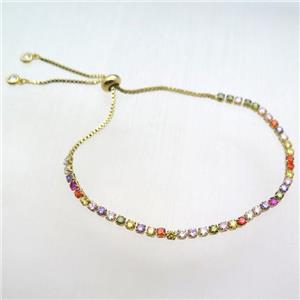 copper Adjustable bracelet paved zircon, multicolor, gold plated, approx 3mm, 26cm length