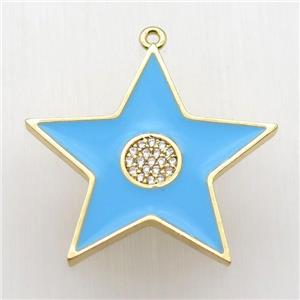 copper star pendant paved zircon, blue enameling, gold plated, approx 30mm dia