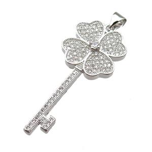 copper Key pendant pave zircon, platinum plated, approx 16-37mm