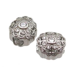 European Style copper beads paved zircon, platinum plated, approx 10-12mm, 5mm hole