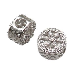 European Style copper beads paved zircon, platinum plated, approx 10-12mm, 5mm hole