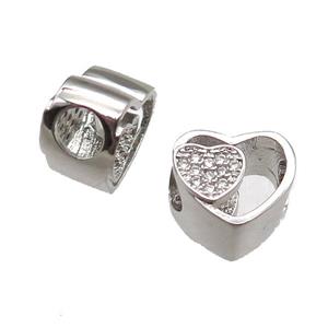 European Style copper heart beads paved zircon, platinum plated, approx 10-12mm, 5mm hole