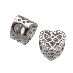 European Style copper heart beads paved zircon, platinum plated, approx 10-12mm, 5mm hole