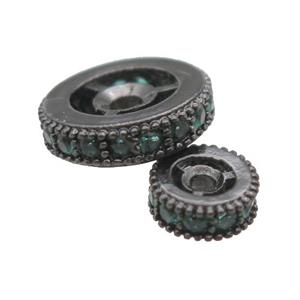 copper spacer beads paved green zircon, heishi, black plated, approx 6mm dia