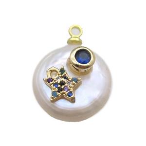 natural pearl pendant paved zircon, approx 14mm dia