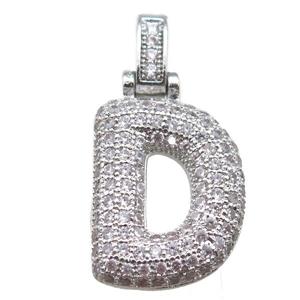 copper letter-D pendant paved zircon, platinum plated, approx 14-20mm