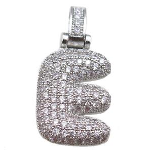 copper letter-E pendant paved zircon, platinum plated, approx 14-20mm