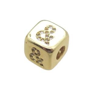 copper cube beads paved zircon, gold plated, approx 8.5mm, 4mm hole