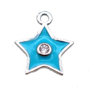 aqua enameling copper star pendant paved zircon, platinum plated, approx 10mm