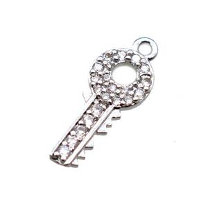 copper key pendant paved zircon, platinum plated, approx 7-17mm