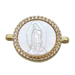 copper circle conector pave zircon with shell virgin mary, gold plated, approx 15mm dia