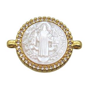 copper circle conector pave zircon with shell virgin mary, gold plated, approx 15mm dia