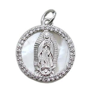 copper circle pendant pave zircon with shell virgin mary, platinum plated, approx 15mm dia