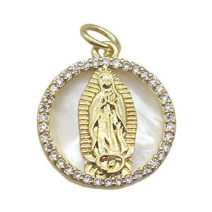 copper circle pendant pave zircon with shell virgin mary, gold plated, approx 15mm dia