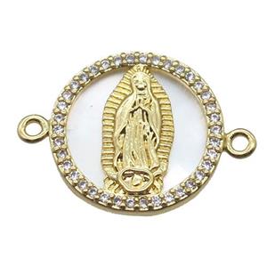 copper circle connector pave zircon with shell virgin mary, gold plated, approx 15mm dia