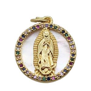 copper circle pendant pave zircon with shell virgin mary, gold plated, approx 15mm dia