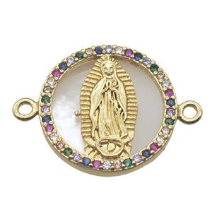 copper circle connector pave zircon with shell virgin mary, gold plated, approx 15mm dia