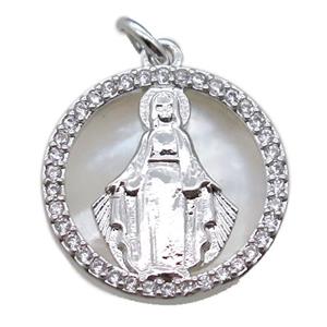 copper circle pendant pave zircon with shell virgin mary, platinum plated, approx 15mm dia