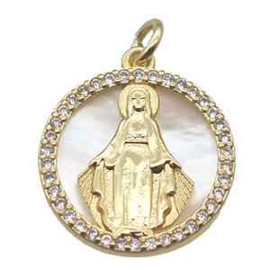 copper circle pendant pave zircon with shell virgin mary, gold plated, approx 15mm dia