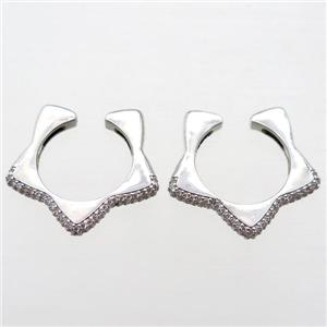 copper Clip Earrings pave zircon, star, platinum plated, approx 28mm