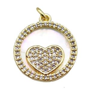 copper circle heart pendant paved zircon, gold plated, shell backing, approx 15mm dia