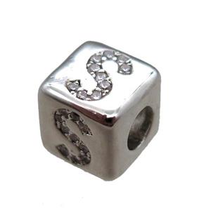 copper cube letter-S beads pave zircon, platinum plated, approx 8x8mm