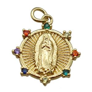 copper religious pendant paved zircon, Virgin Mary, gold plated, approx 16mm dia