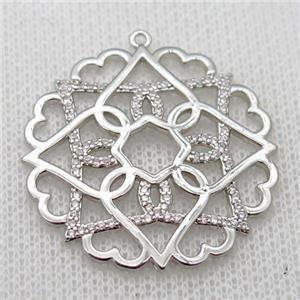 copper flower pendant pave zircon, platinum plated, approx 32mm dia