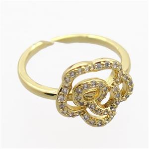 copper Rings pave zircon with flower, gold plated, approx 13mm, 17mm