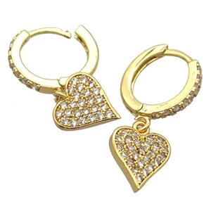 copper Hoop Earrings pave zircon with heart, gold plated, approx 10-11mm, 14mm dia