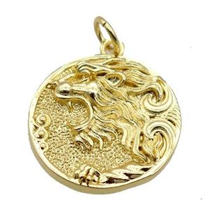 copper circle pendant, tiger, gold plated, approx 18mm dia