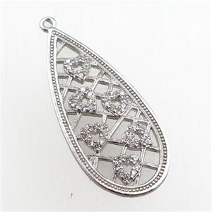 copper teardrop pendant pave zircon, heart, platinum plated, approx 15-34mm