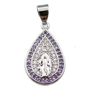 copper teardrop pendant pave zircon, jesu, platinum plated, approx 14-20mm