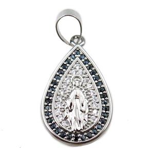 copper teardrop pendant pave zircon, jesu, platinum plated, approx 14-20mm