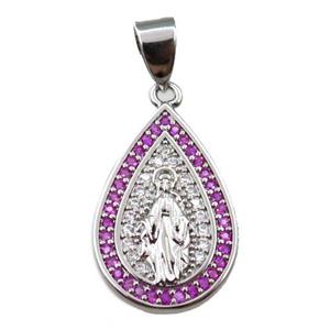 copper teardrop pendant pave zircon, jesu, platinum plated, approx 14-20mm