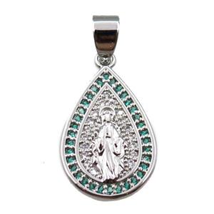 copper teardrop pendant pave zircon, jesu, platinum plated, approx 14-20mm