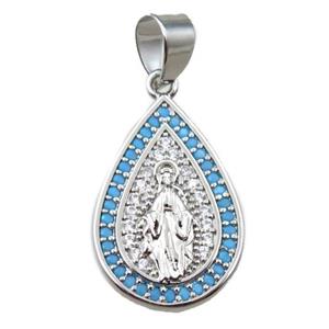 copper teardrop pendant pave zircon, jesu, platinum plated, approx 14-20mm